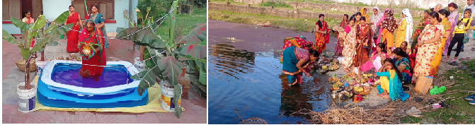 छठ मनाउन आंगनमै घाट, जलाशय सफा नहुदा  पनि प्रदुषित पानी मै उभिएर सूर्यको पूजा